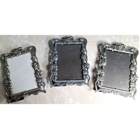 3 Vintage Rose Ornate Pewter Picture Frames 1 Matte 2 A Bit Shiny 4.5" x 6.5"ish - Picture 5 of 12